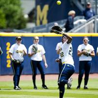Michigan freshman Sierra Lawrence catches a ball during warm ups before the game against Louisiana-Lafayette on Friday, May 24. Daniel Brenner I AnnArbor.com